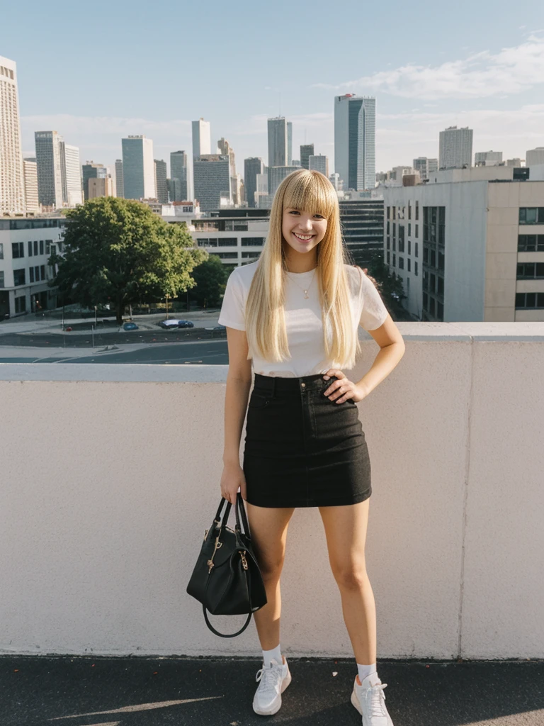 her name is Alliyah, high quality, 1girl, ((20-year-old fit Caucasian woman)), ((20 years old)), ((fit)), ((medium blonde with bangs)), pose: standing, wearing stylish colorful black trend Generation-Z modern wear, BACKGROUND: overlooking city streets, ugly smiling, POSE: standing
