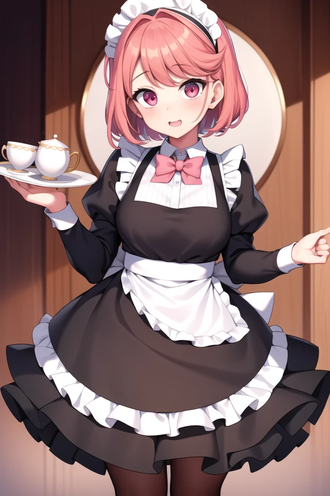maid, maid_headdress, holding_tray, teacup, pantyhose, full_body, solo, cup, short_hair, white_background, black_dress, 1girl, plate, maid_apron, bow, frills, food, looking_at_viewer, apron, dress, pink_eyes, teapot, standing, simple_background, cake, dark pink_hair, open_mouth