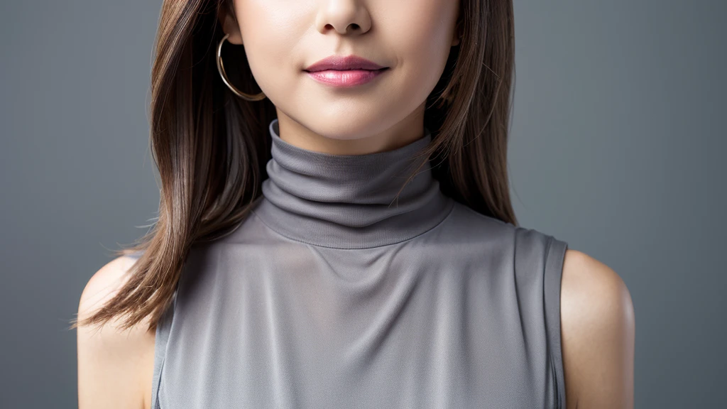 (Detailed face),vivid,chest,cute,A silky grey dress with a turtleneck and sleeveless top,4K,Ultra-high resolution,（Photorealistic：1.7）,Gray background,Long Hair,
