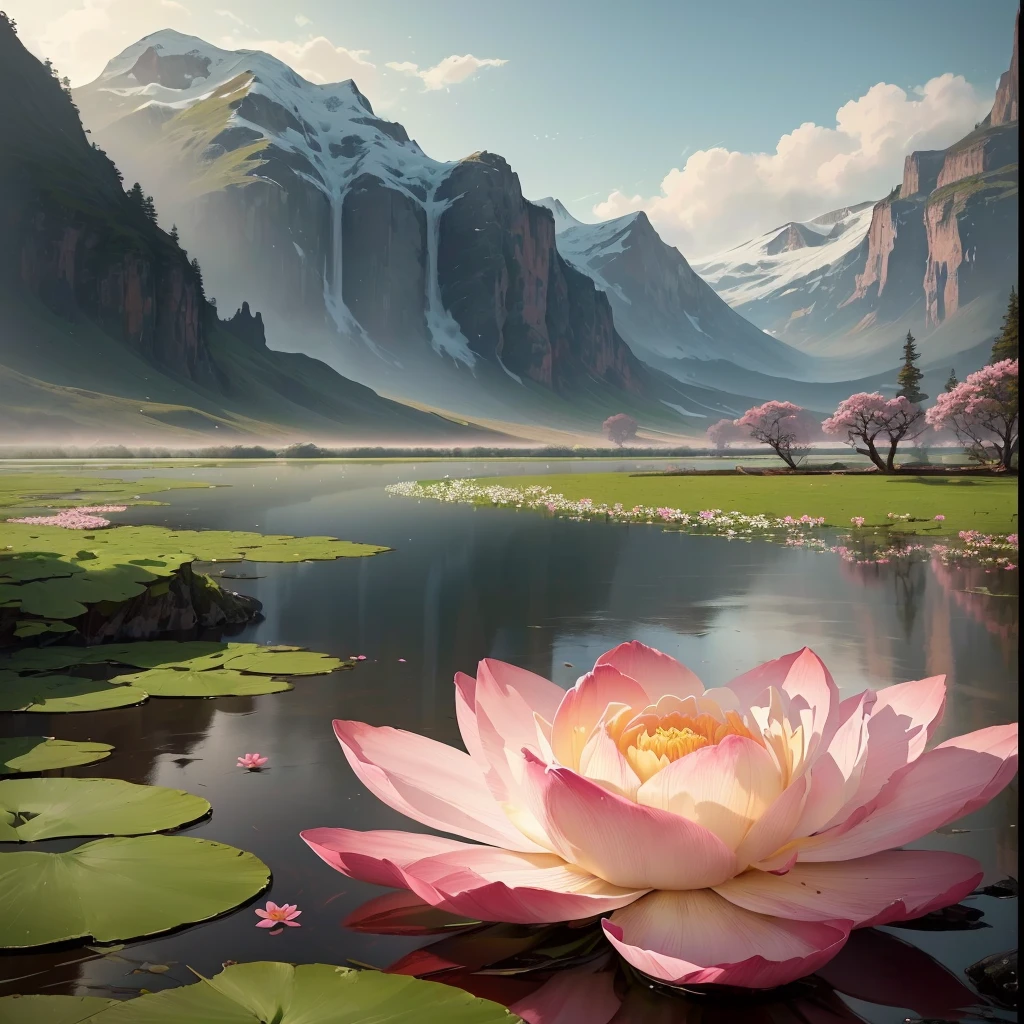 There is a pink flower in the water, Ross Chen. Landscape background, Beautiful digital painting, Beautiful art UHD 4K, 8k resolution digital painting, 8k resolution digital painting, Written byVictor Wang, Beautiful digital artwork, 4K Digital Painting, 4K Digital Painting, Gorgeous digital painting, 4k highly detailed digital art, Detailed 4k