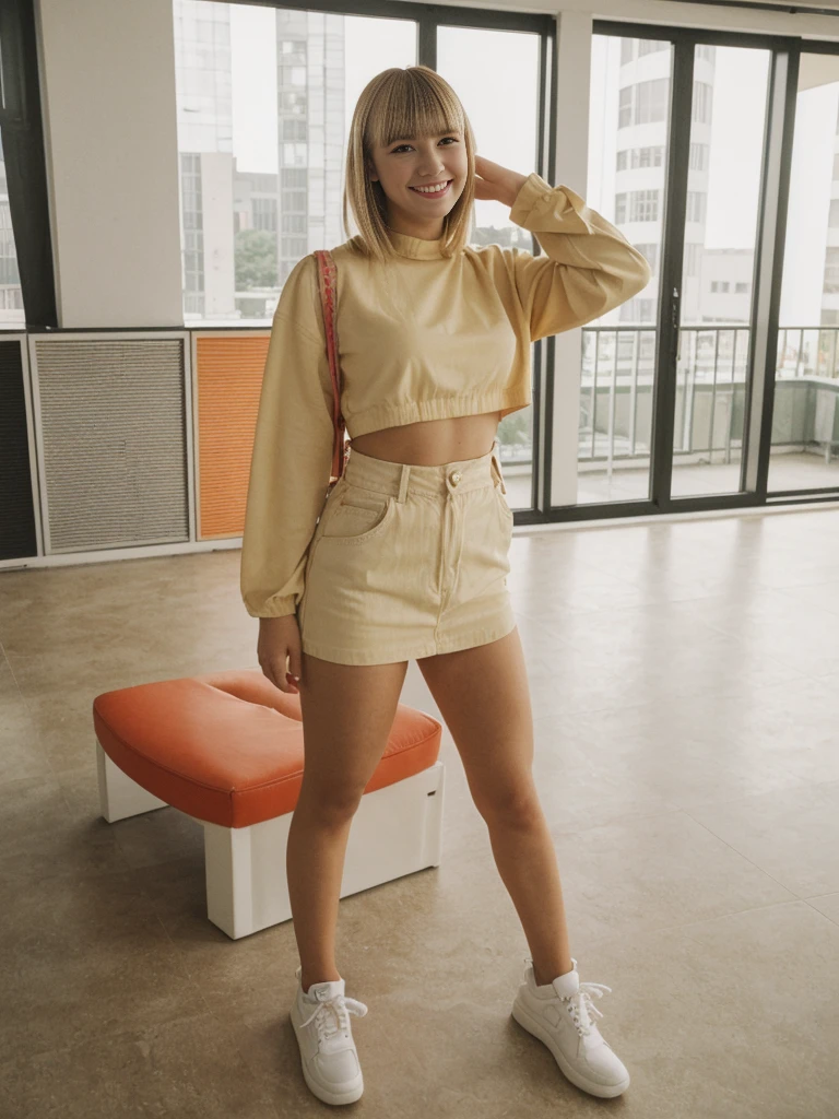 her name is Alliyah, high quality, 1girl, ((20-year-old fit Caucasian woman)), ((20 years old)), ((fit)), ((medium blonde with bangs)), pose: standing, wearing stylish colorful trend Generation-Z modern teasing wear, BACKGROUND: indoor, ugly smiling, POSE: sitting
