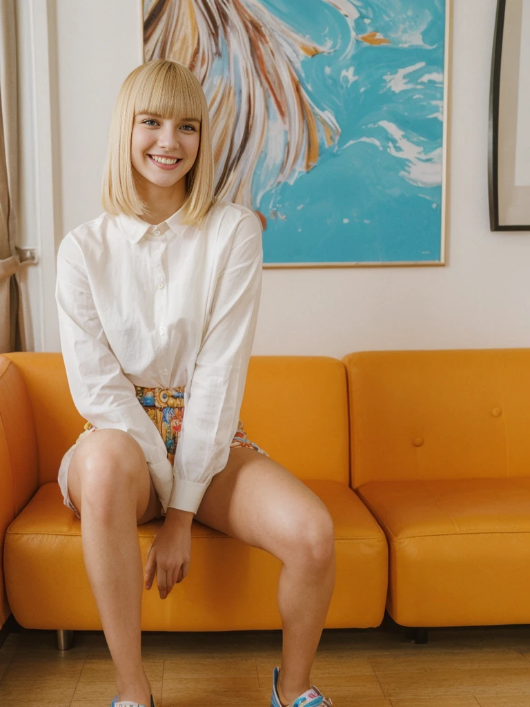 her name is Alliyah, high quality, 1girl, ((20-year-old fit Caucasian woman)), ((20 years old)), ((fit)), ((medium blonde with bangs)), pose: standing, wearing stylish colorful trend Generation-Z modern teasing wear, BACKGROUND: indoor, ugly smiling, POSE: sitting
