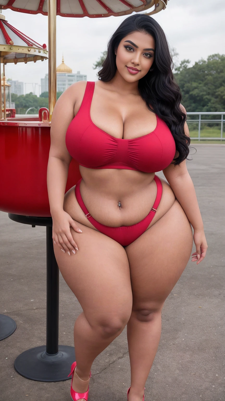 swastika mukharjee Indian beautiful woman curvy plus size hour glass bulky huge figure woman, closeup camera view, big huge m-cup breast, wearing SHEIN Young Girl Heart Pattern Urban Fashionable & Cool Jumpsuit Color: Red , covered Bust , elegant standing position, eye contact view, different style hairstyle, bright eyes, thin eyebrows, fair skin, blushing cheeks, prefect head to toe view, full body, ideal for high-fashion or editorial shoots, ultra realistic skin texture, head to toe view, full body shot, full body view, smile face, black hair, Indian face, perfect skin tone light, ultra realistic skin texture, bigger waist, busty, big hips, fleshy thighs, thick thighs, busty, full body view, Vintage Carousel: Whimsical, nostalgic amusement park ride.