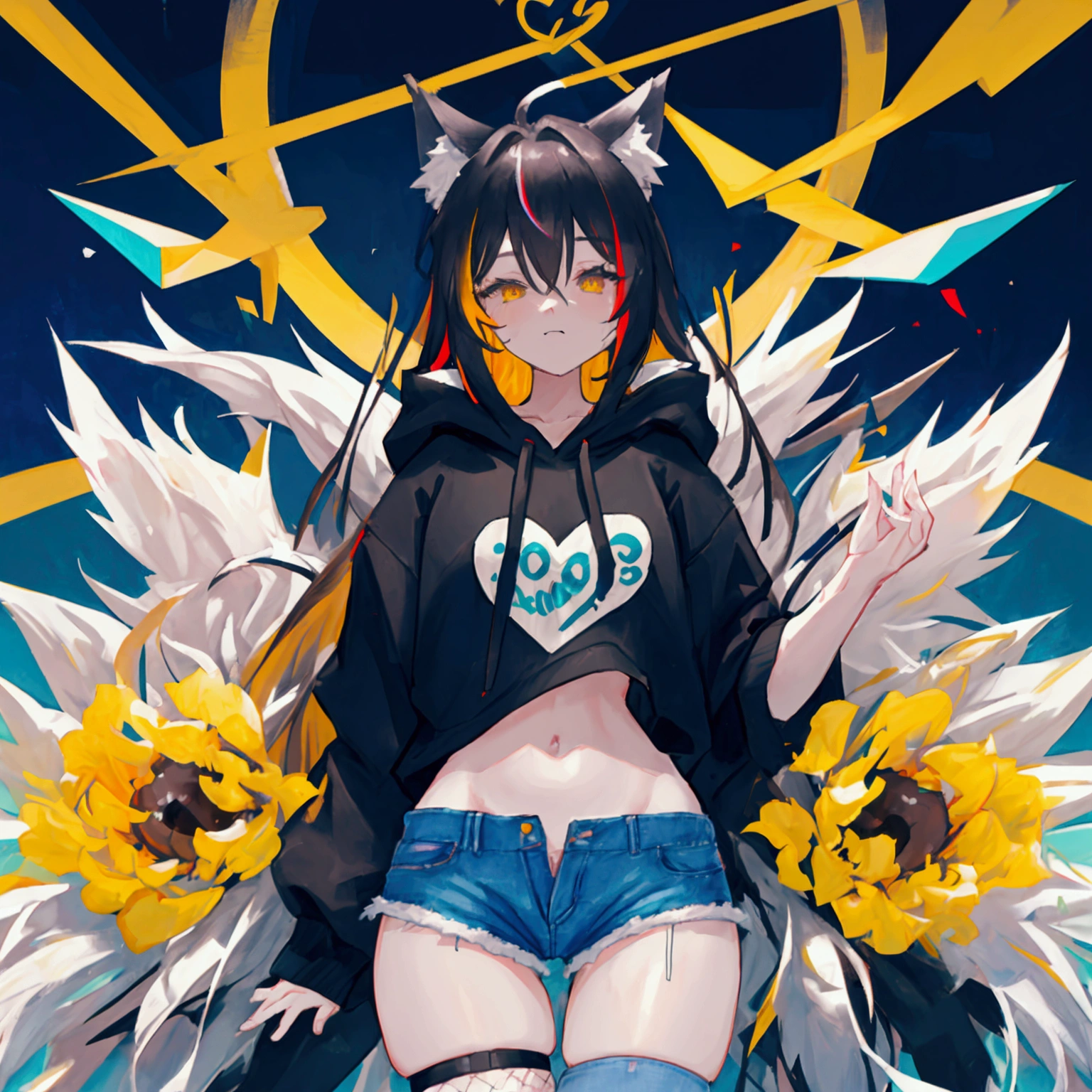 (masterpiece, Highest quality, Highest quality, Official Art, beautifully、aesthetic:1.2), (One girl), Very detailed, (Fractal Art:1.3), colorful, Most detailed, Perfect Face, Upper Body, High resolution, (Open your arms:1.3), (White cloak Golden Line:1.2), Milky Way, (Streaks of Light), Impressive visuals, (Dynamic stripes, Light trail:1.2), Vibrant colors, Cat ear、Wearing a black tank top、Belly button showing、Wearing an oversized hoodie、Dog's tail、A hoodie big enough to cover your butt