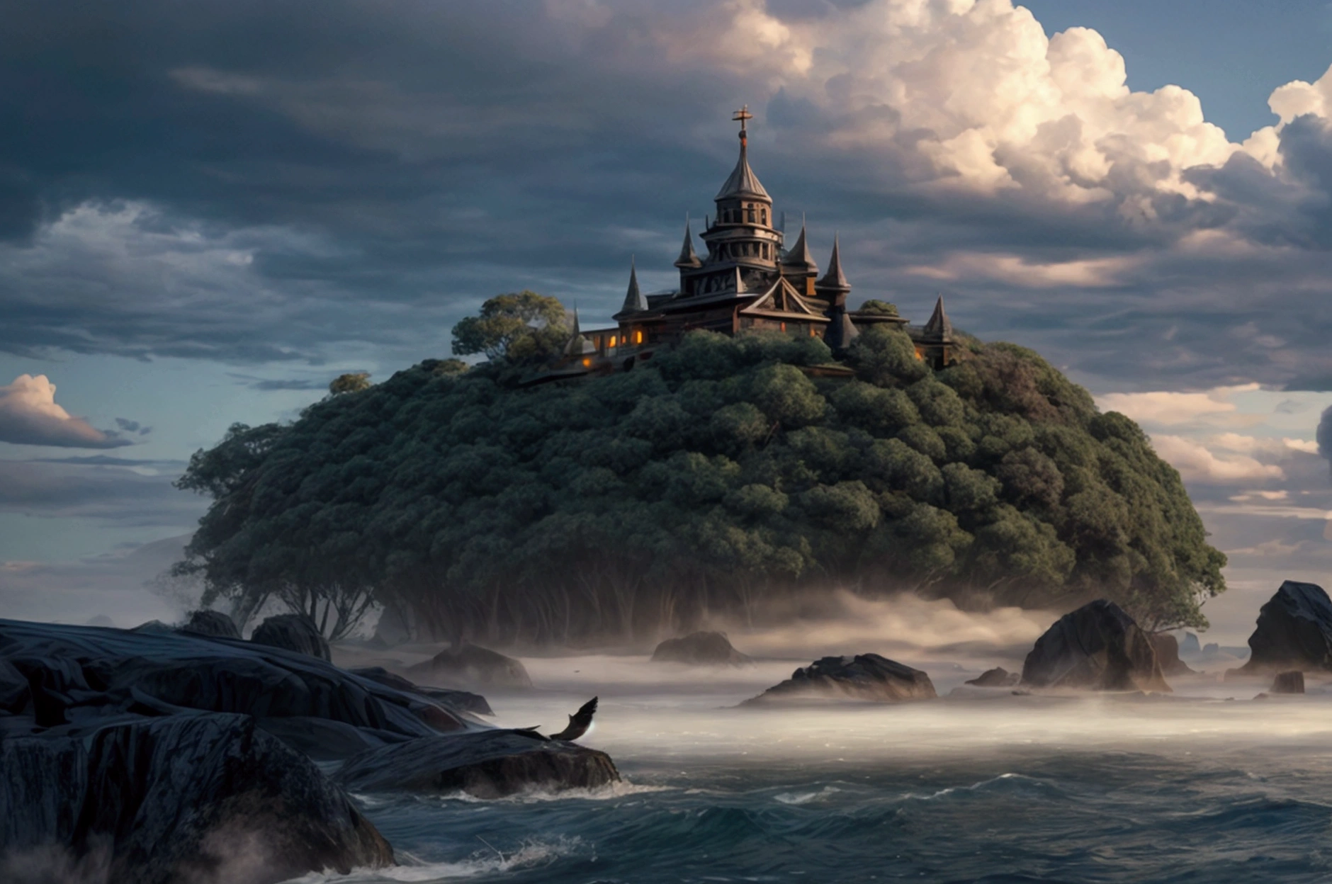 reality,live-action,Photorealistic,
masterpiece,Highest quality,8k,High resolution,Raw photo,Professional,
Physically Based Rendering,Thin contours,
(unmanned:1.3)(An unexpected island:1.2)
On land there are hills and lush forests. (covered in a thick fog)
Gloomy atmosphere Mysterious (Cool colors:1.1)
A distorted, mysterious light, a mysterious power quietly waiting for its time, birds flying in the sky, an atmosphere that seems to be calling and capturing something
