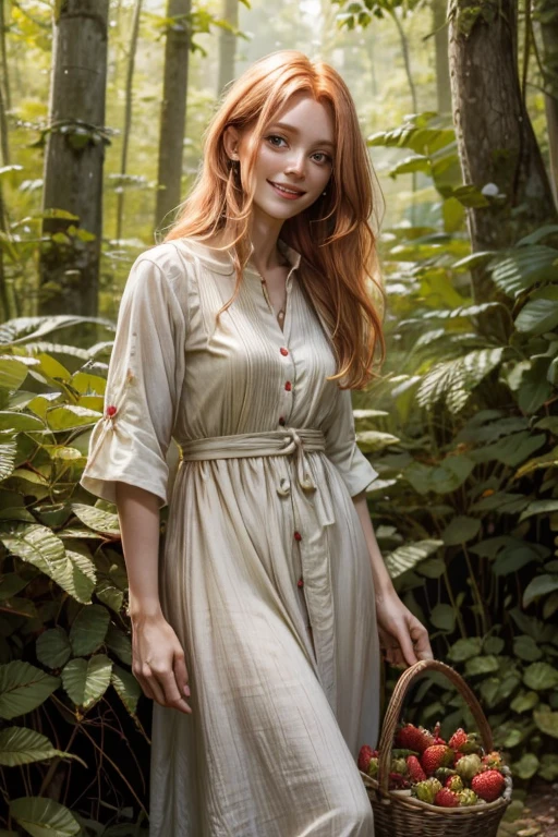 58 year old Human long strawberry blonde hair, human female smiling in a forest with a pleasant expression. Blue, Brown, Green. Wearing a cotton and linen dress with multiple colors.
