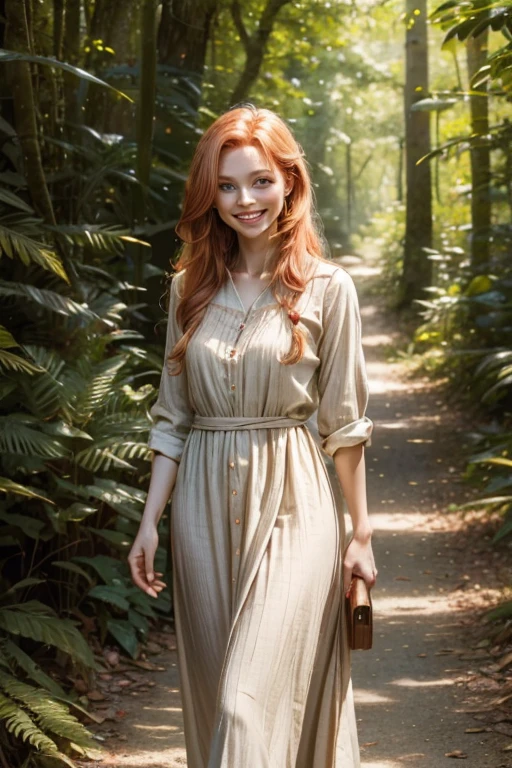 47 year old Human long strawberry blonde hair, human female smiling in a forest with a pleasant expression. Wearing a cotton and linen dress with multiple colors.