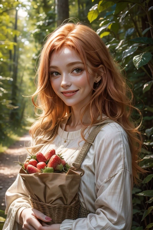 58 year old Human long strawberry blonde hair, human female smiling in a forest with a pleasant expression. Blue, Brown, Green. Wearing a cotton and linen dress with multiple colors.

