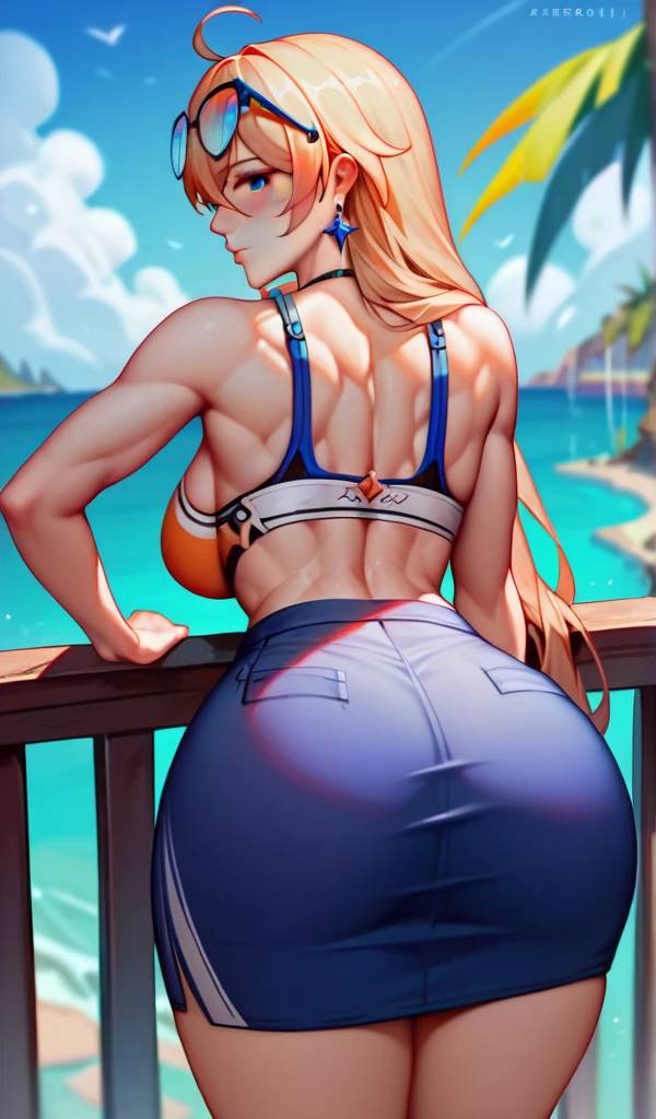 (work of art, best qualityer), high qualiy, absurderes, high resolution, ultra detaild, intricate, beautfull woman, 1 girl, \(honkai: star rail\), looking ahead at viewer, from behind, looking back, big-ass,breasts big, toned, sports well, perneiras, skirt short, hypdertailed, cabelo roxo, purples eyes, sunglBundaes, hair between the eyes, glasses on head, plein-air, sexy look, blush