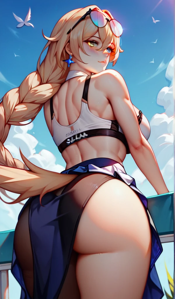 (work of art, best qualityer), high qualiy, absurderes, high resolution, ultra detaild, intricate, beautfull woman, 1 girl, \(honkai: star rail\), looking ahead at viewer, from behind, looking back, big-ass,breasts big, toned, sports well, perneiras, skirt short, hypdertailed, cabelo roxo, purples eyes, sunglBundaes, hair between the eyes, glasses on head, plein-air, sexy look, blush