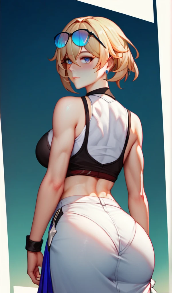 (work of art, best qualityer), high qualiy, absurderes, high resolution, ultra detaild, intricate, beautfull woman, 1 girl, \(honkai: star rail\), looking ahead at viewer, from behind, looking back, big-ass,breasts big, toned, sports well, perneiras, skirt short, hypdertailed, cabelo roxo, purples eyes, sunglBundaes, hair between the eyes, glasses on head, plein-air, sexy look, blush