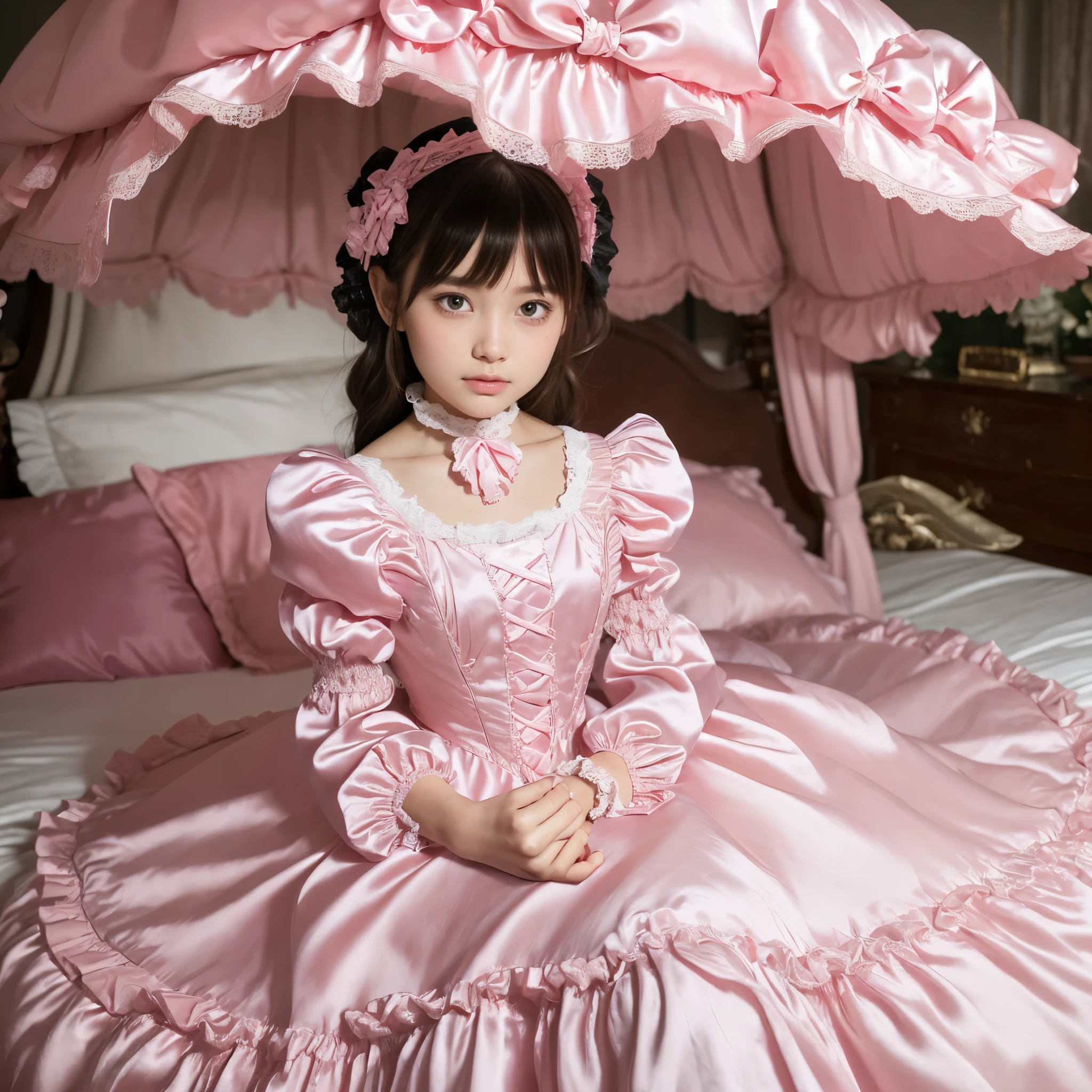 highest quality, masterpiece, highest resolution, artwork, super それにget used to it, many get used to it, get used to it, それにget used to it,(), Girl, 10 y girl is a princess,((girly dark pink satin fabric)), ((A Victorian ballgown dress with plenty of pink ruffles and bows and a voluminous full-length hoop skirt.)),long sleeve,long dress,A dress with lots of frills and ribbons..,luxury,((Palace bedroom)),((Huge square victorian canopy king size bed)),(the girl is sitting on the bed),lots of frilly pillows,ruffle bed skirt,