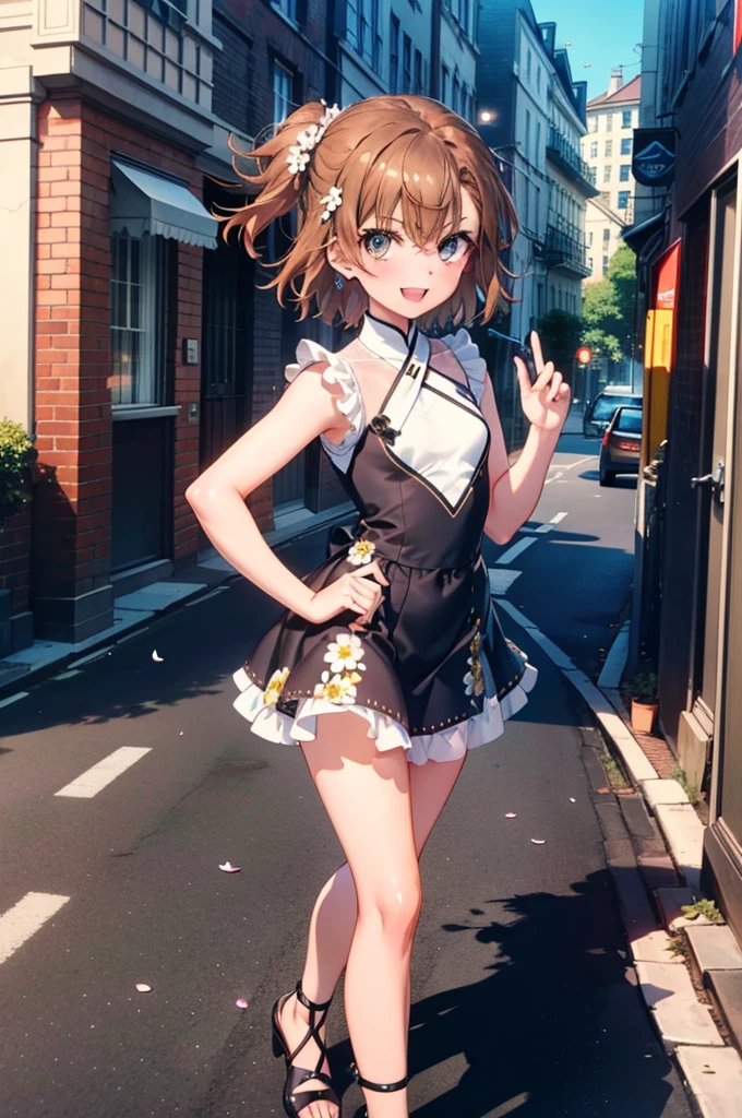 Mycotrose, Brown eyes,Brown Hair,short hair,One side up,Small breasts,Flower Hair Ornaments,happy smile, smile, Open your mouth,Sleeveless dress,Heeled Sandals,Walking,whole bodyがイラストに入るように,　　　　　　　　　　　　　　　　　 　　　break looking at viewer, whole body,　　　 　　　　　　break outdoors, Coastal street with buildings,　　　　　　　　　　　　　　　　　　break (masterpiece:1.2), Highest quality, High resolution, unity 8k wallpaper, (shape:0.8), (Beautiful and beautiful eyes:1.6), Highly detailed face, Perfect lighting, Extremely detailed CG, (Perfect hands, Perfect Anatomy),