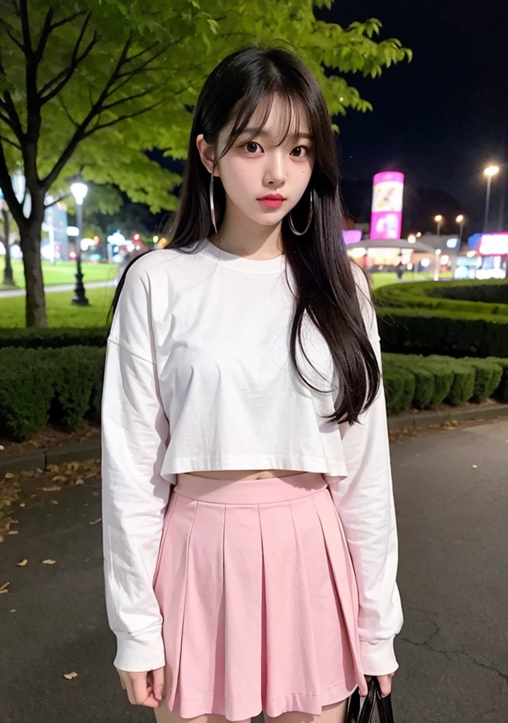 (masterpiece), best quality, expressive eyes, perfect face Japanese
girl korean wearing white long sleeve wearing pink pmibi skirt wearing black headset
Place in the park at night 