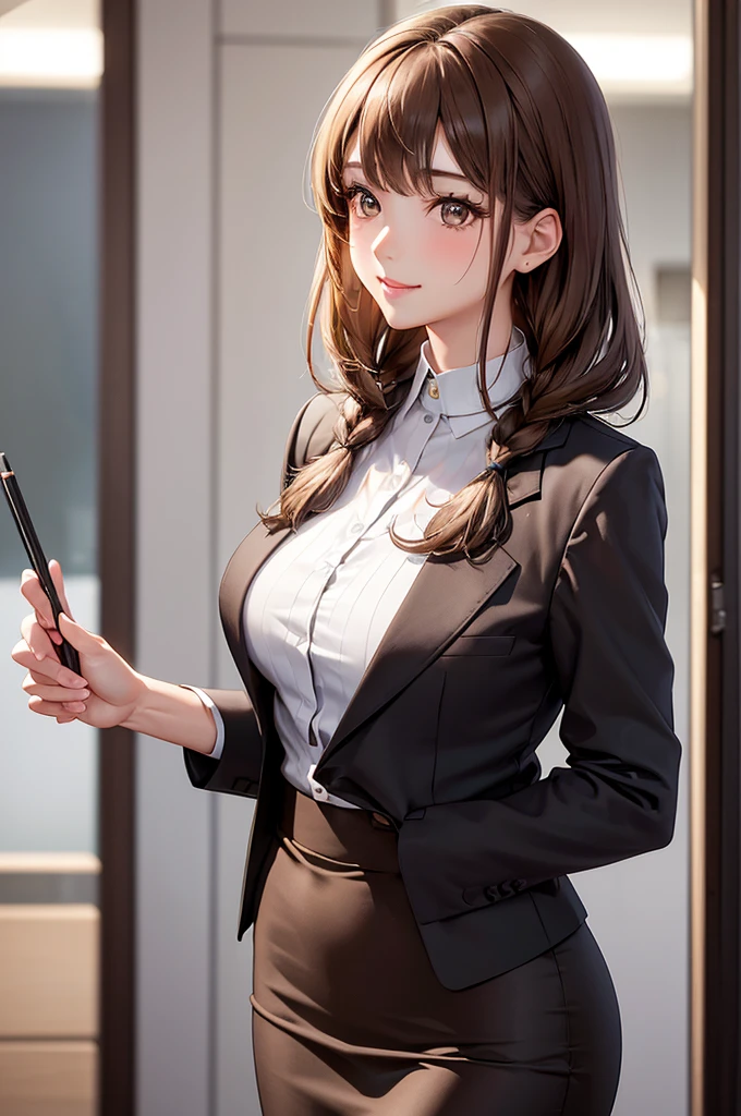 masterpiece, best quality, 1 girl, 独奏, teenager, large breasts, light brown eyes, bangs, brond hair, braids hair, office staff suit, jacket, pencil skirt, upper body, standing, office,Best Quality,High resolution,8k,finelity detailed background,Masterpiece:1.2),beautiful girl,Shiny brown hair,asymmetrical hair,Beautiful brown eyes,Gentle look,A refreshing look,smile,Best quality,Best Quality,Aesthetic and aesthetic:1.2,Best details((Super detailed))(High-definition CG illustrations),Slender body,smile,blush,cute,Scrounge,Looking up,Being spoiled,super model,wariza,shoot from,above