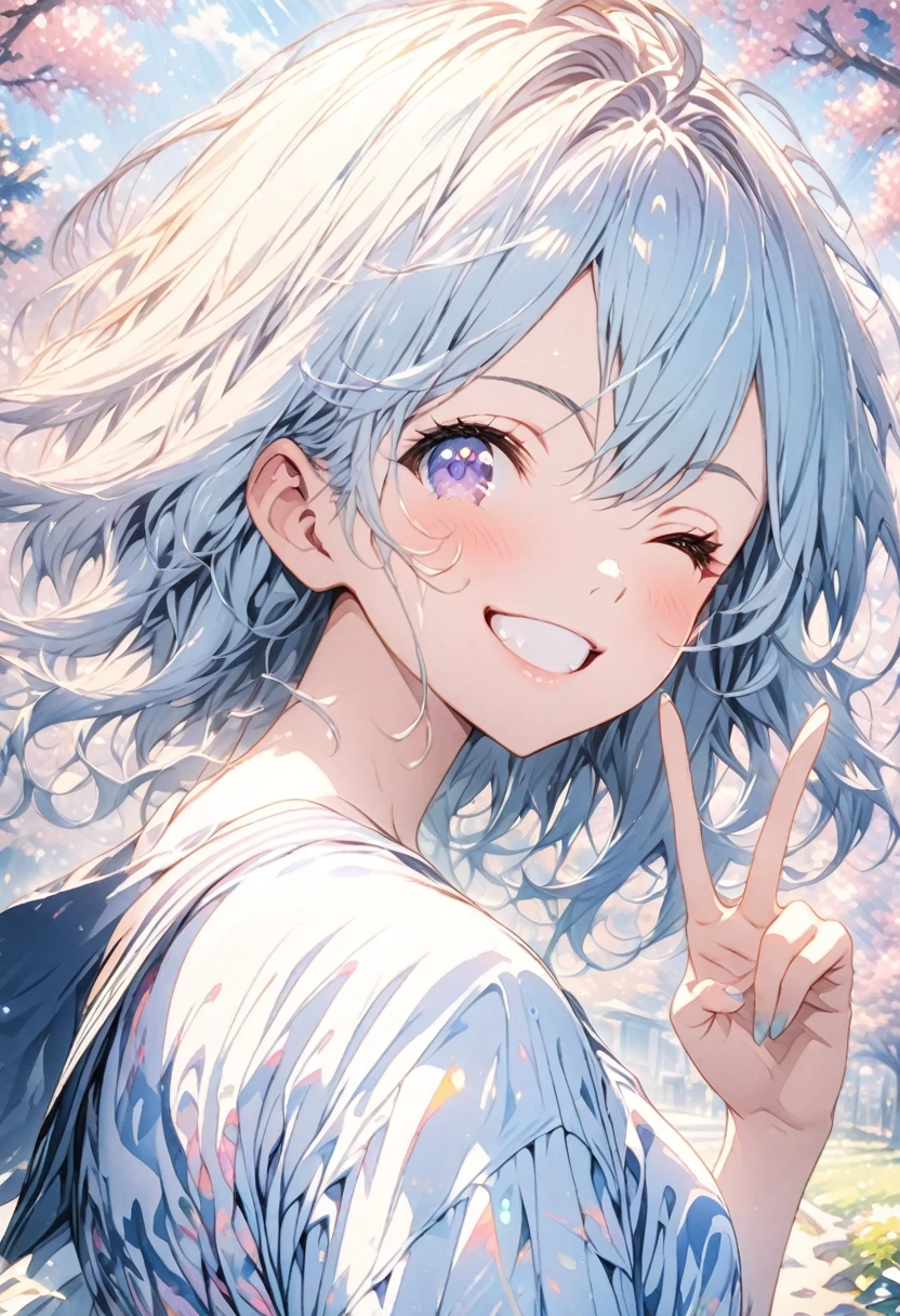 masterpiece, Highest quality, Highly detailed CG Unity 8K wallpapers, High Girl Anime Illustration. She is wearing a dark blue oversized T-shirt.、She is making a peace sign、Blue Hair、she has her eyes closed and mouth open, smile. The background is a light pastel colored landscape、Watercolor digital art