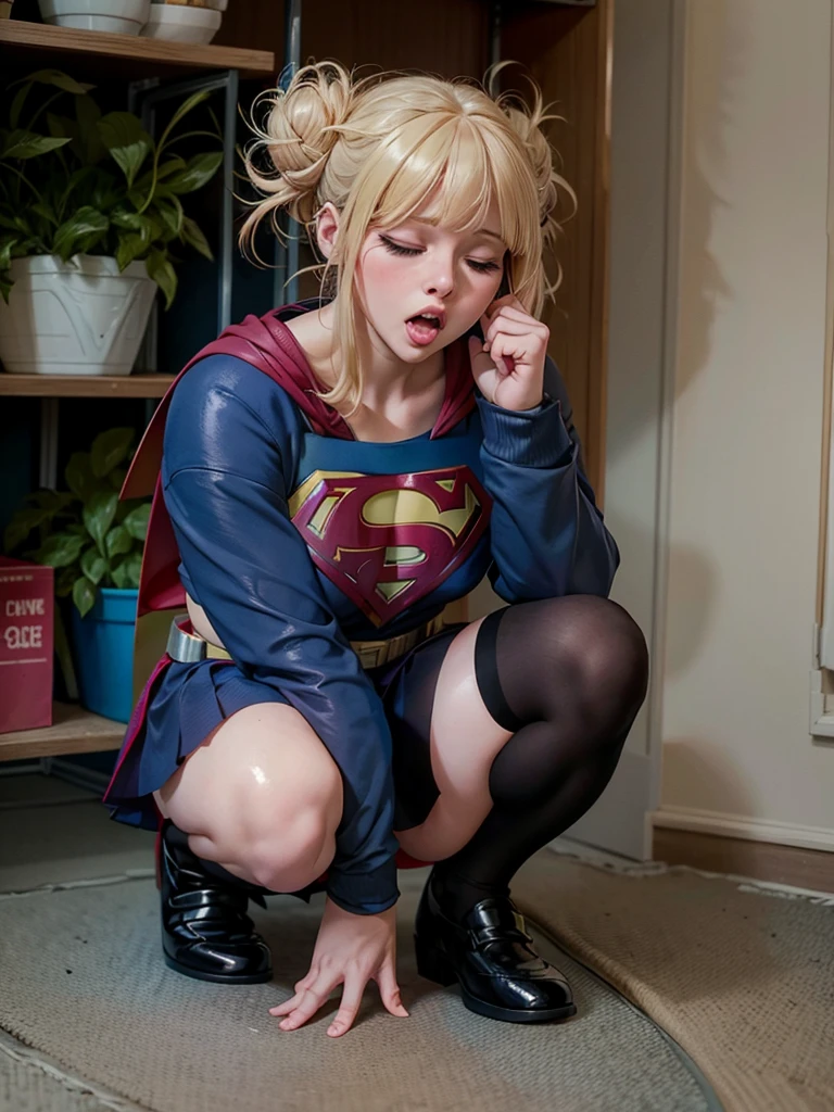 "Supergirl, Melissa, CW, detailed uniform, Crouching, surprised face, Closed eyes, Open mouth".