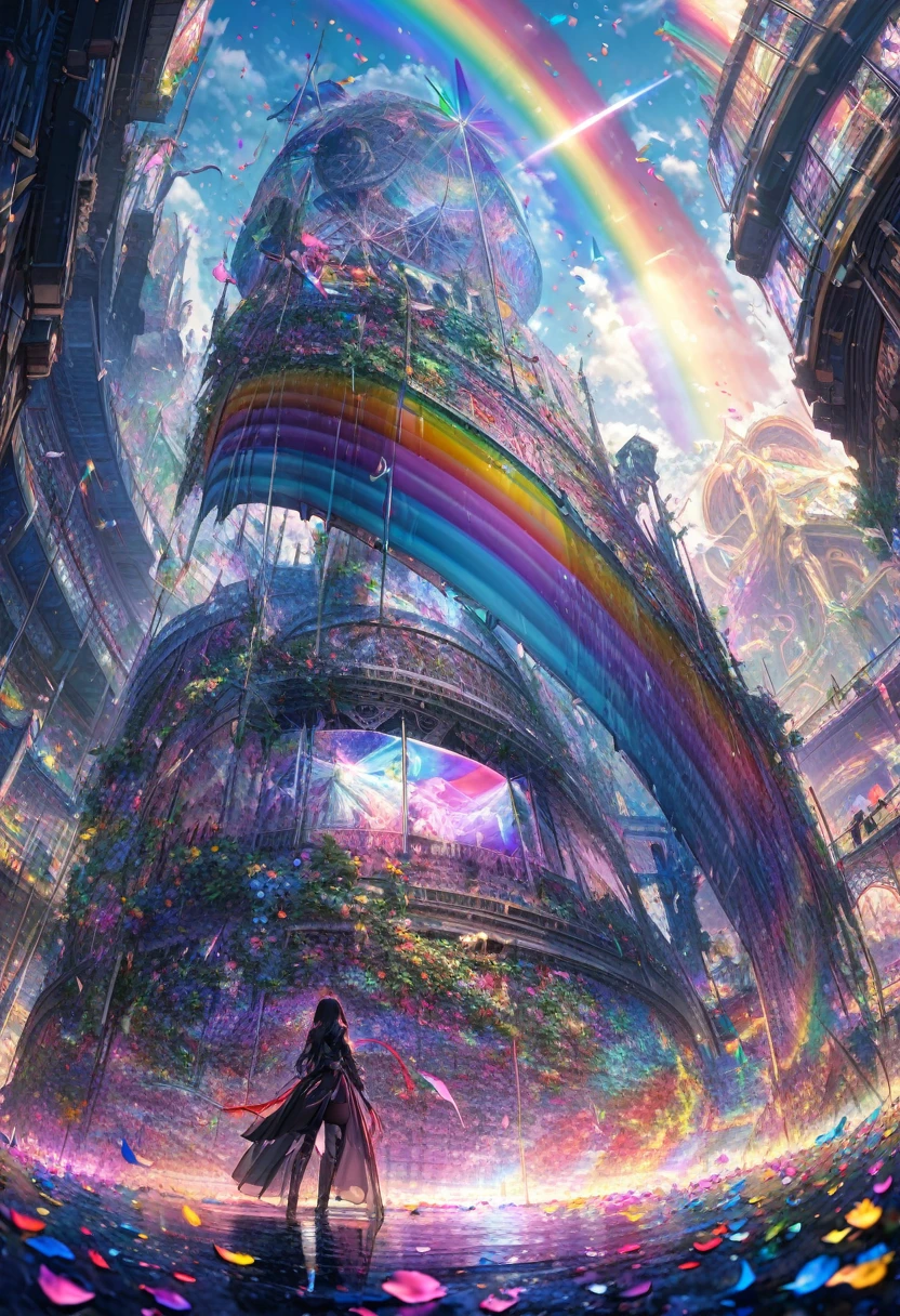 Highest quality, Super quality, 16K, Incredibly absurd, Very detailed, delicate and dynamic, A mysterious, gigantic artistic structure made of chrome-plated framework and glass, After the Rain, Sunlight shines through the gaps in the clouds, The glass reflects the colors of the rainbow、The analyzer is displayed, Many rainbow-colored petals fall, The grass is covered with mist, Create amazing image effects, break (Monochrome, dancing beauty, Sensual expression, Gothic astrologer outfit, Tarot Cards), Point your finger at the camera, Sitting on a Chinese-style chair, At the desk, Fortune telling,