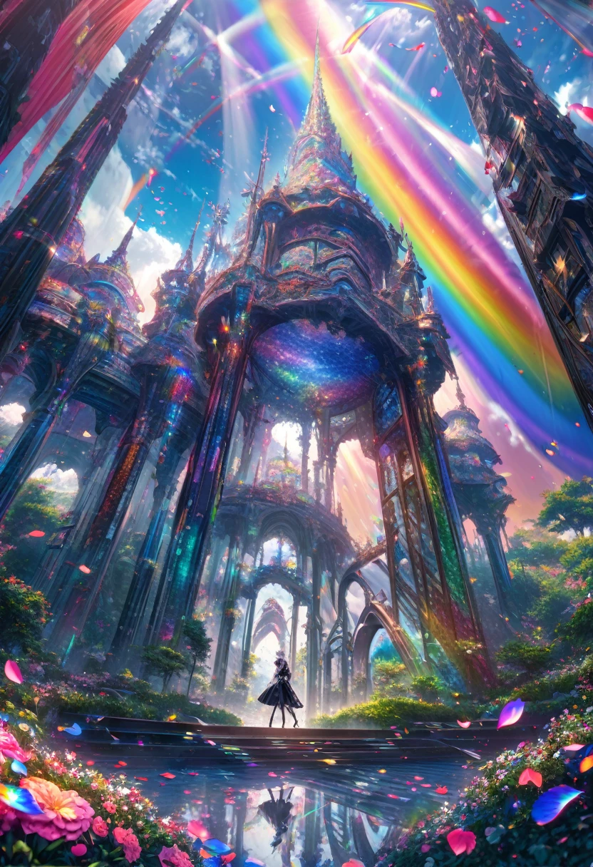 Highest quality, Super quality, 16K, Incredibly absurd, Very detailed, delicate and dynamic, A mysterious, gigantic artistic structure made of chrome-plated framework and glass, After the Rain, Sunlight shines through the gaps in the clouds, The glass reflects the colors of the rainbow、The analyzer is displayed, Many rainbow-colored petals fall, The grass is covered with mist, Create amazing image effects, break (Monochrome, dancing beauty, Sensual expression, Gothic astrologer outfit, Tarot Cards), Point your finger at the camera, Sitting on a Chinese-style chair, At the desk, Fortune telling,