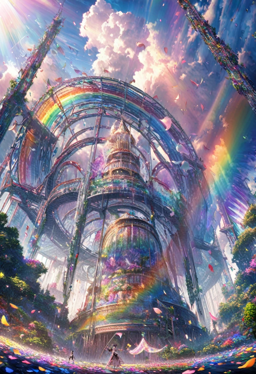 Highest quality, Super quality, 16K, Incredibly absurd, Very detailed, delicate and dynamic, A mysterious, gigantic artistic structure made of chrome-plated framework and glass, After the Rain, Sunlight shines through the gaps in the clouds, The glass reflects the colors of the rainbow、The analyzer is displayed, Many rainbow-colored petals fall, The grass is covered with mist, Create amazing image effects, break (Monochrome, dancing beauty, Sensual expression, Gothic astrologer outfit, Tarot Cards), Point your finger at the camera, Sitting on a Chinese-style chair, At the desk, Fortune telling,