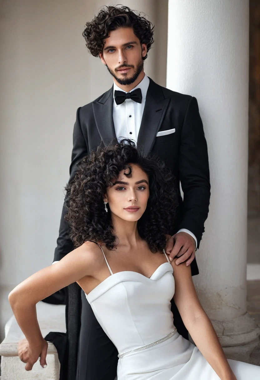 You can create an image of a handsome young man with a fine face, clear skin, black hair, barba, black gala dress, junto a una mujer de clear skin, Curly hair, elegantly dressed in white 