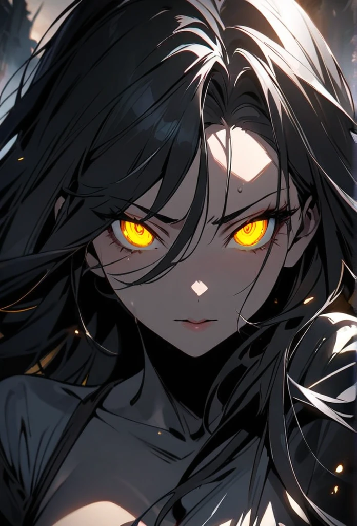 Black Hair, Solo, Looking at viewer, Masterpiece, main face, front face, yellow eyes, glowing eyes, mature, long hair