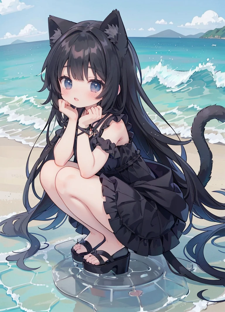 Anime girl wearing black swimsuit on the beach, (Perfect hands)very beautiful anime cat girl, , beautiful anime cat girl, at the beach, cute anime cat girl, Sitting beautiful anime girl wariza, At the beach, seductive anime girl, on the beach, anime cat girl, Anime cute art style, Anime girl sitting,Wearing black strappy high heels