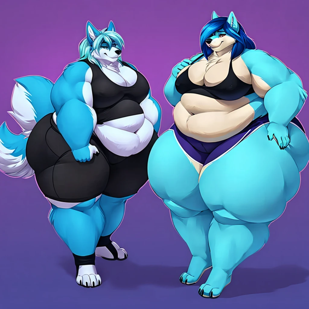 Malamute, female, long blue hair, black and blue body,huge breasts, huge hips, huge thighs, plump, voluptuous, morbidly obese, gorgeous, beautiful, eyelashes, black tank top, black shorts,fat arms, fat legs, belly rolls, fat rolls, hip fat rolls, double chin, chubby cheeks ,cyan hair,cyan fur, cyan eyes,pear-shapped figured, plantigrade, ,duo, lesbians