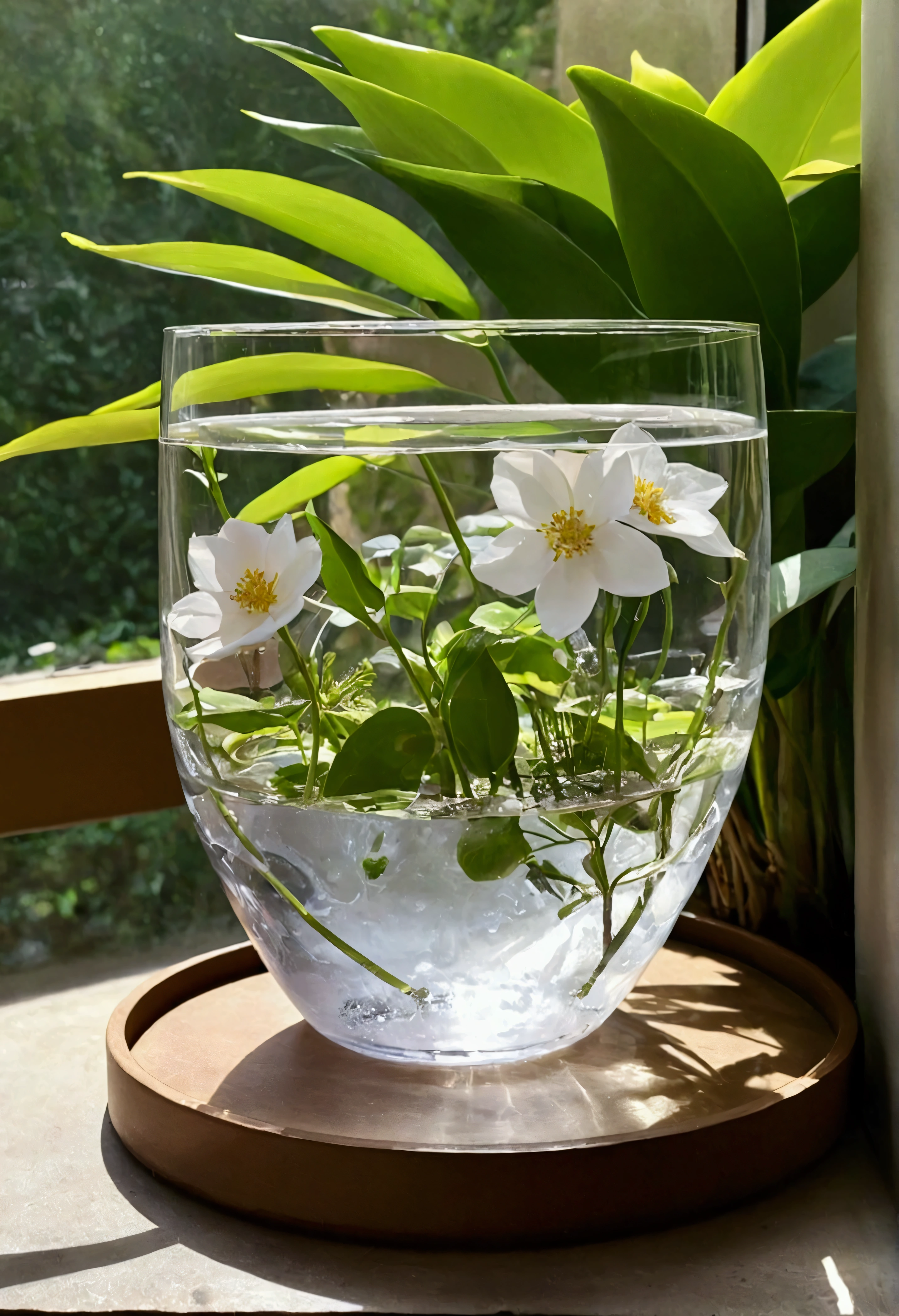 The transparent water cup in the middle，Surrounded by flowers and plants.