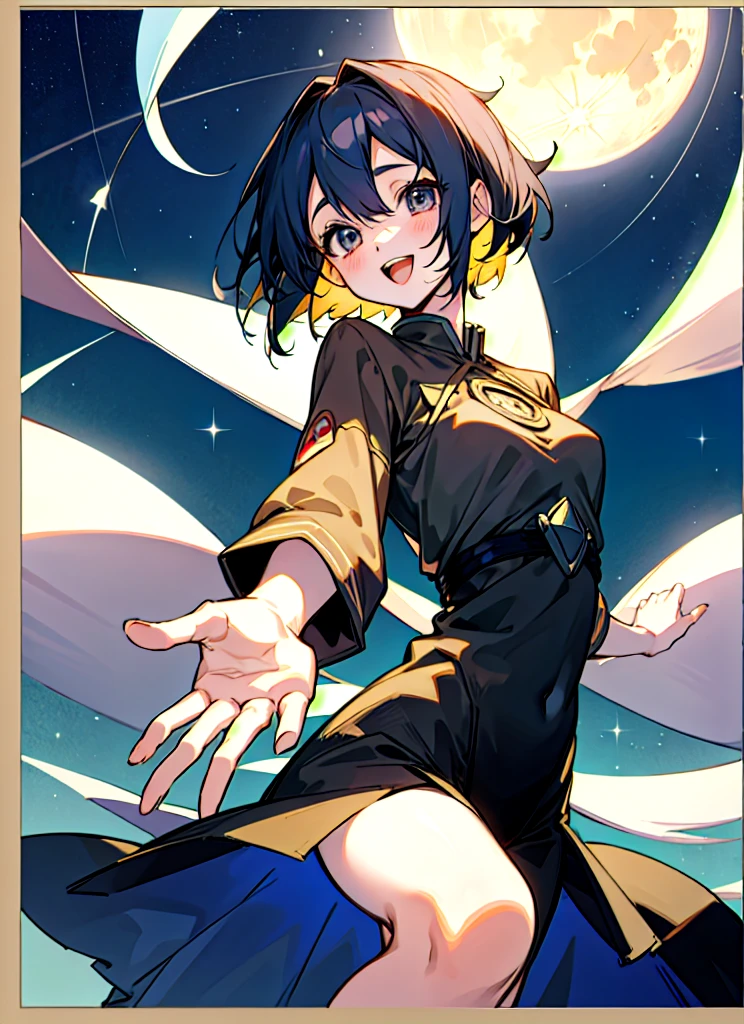 Anime art style, One girl, 一人in, chest, Looking_in_Audience, smile, short_hair, Open_mouth, big_chest, re_eye, hair_between_eye, upper_Reaching for the stars under the full moon