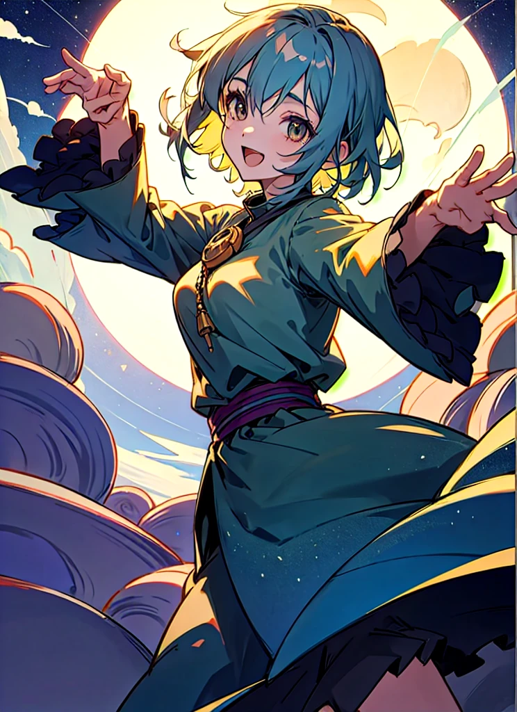 Anime art style, One girl, 一人in, chest, Looking_in_Audience, smile, short_hair, Open_mouth, big_chest, re_eye, hair_between_eye, upper_Reaching for the stars under the full moon