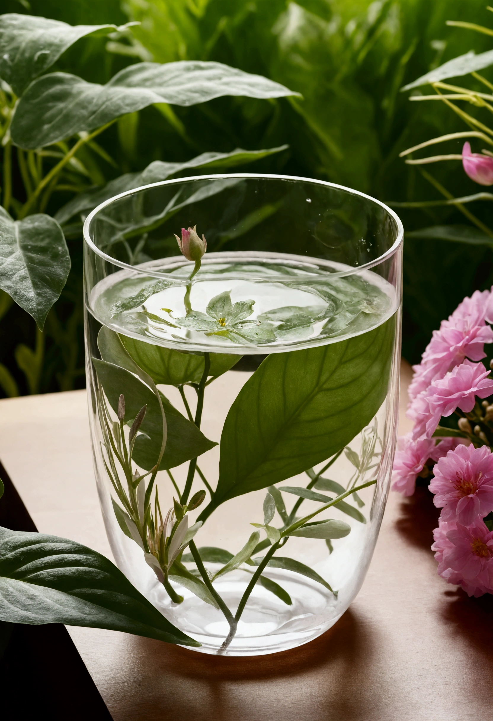 The transparent water cup in the middle,Surrounded by flowers and plants.