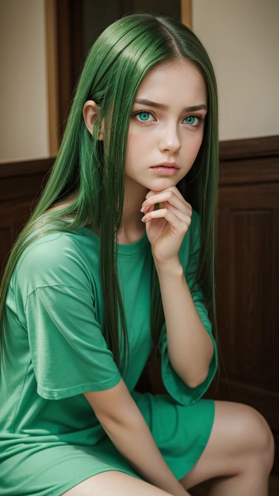 a girl. face sent feeling. Europe. Oval face. long face. delicate facial features. sad eyes. seductively seductive. green eyes. long straight hair. green hair. expression of sadness and anger. long t-shirt dress. sitting posture
