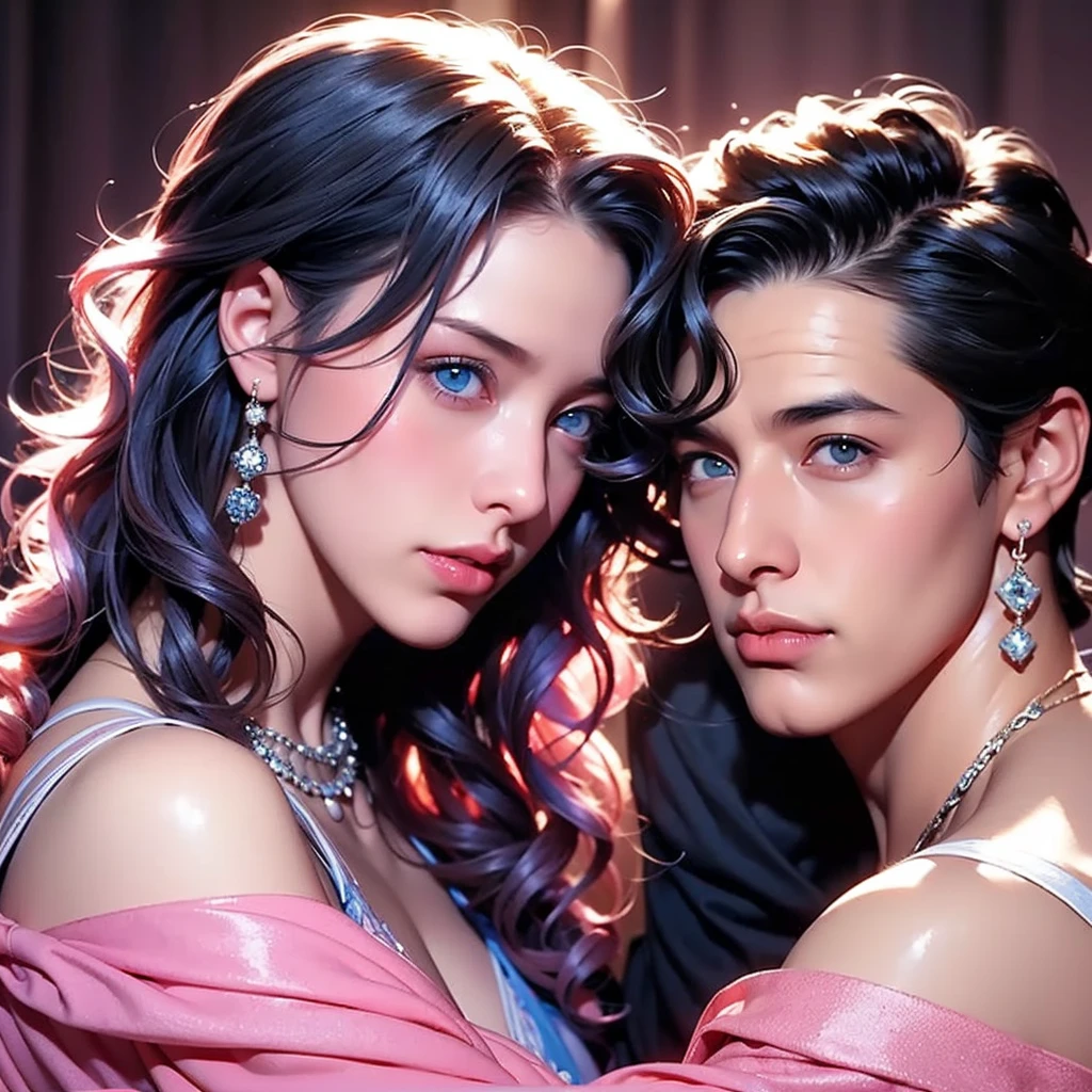 ((man, male, young, boy, short hair, Black hair, man near woman)) woman, curly hair and long pink hair, blue eyes Pink hair woman ,) two people a man and a woman