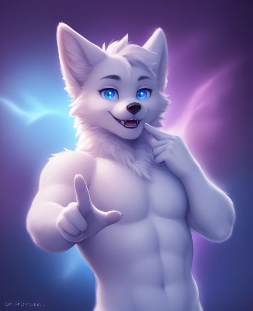 A white fox Young with realistic blue eyes that blur a blue galaxy, with lots of white fur,Looking in front of the viewer smiling softly,He smugly raises one hand and the first finger shows an awakened power, A purple sphere remains above his raised finger Index finger glowing in purple . 