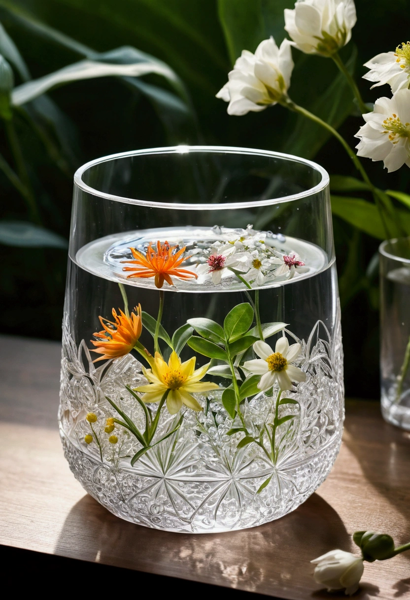 The transparent water cup in the middle，Surrounded by flowers and plants.