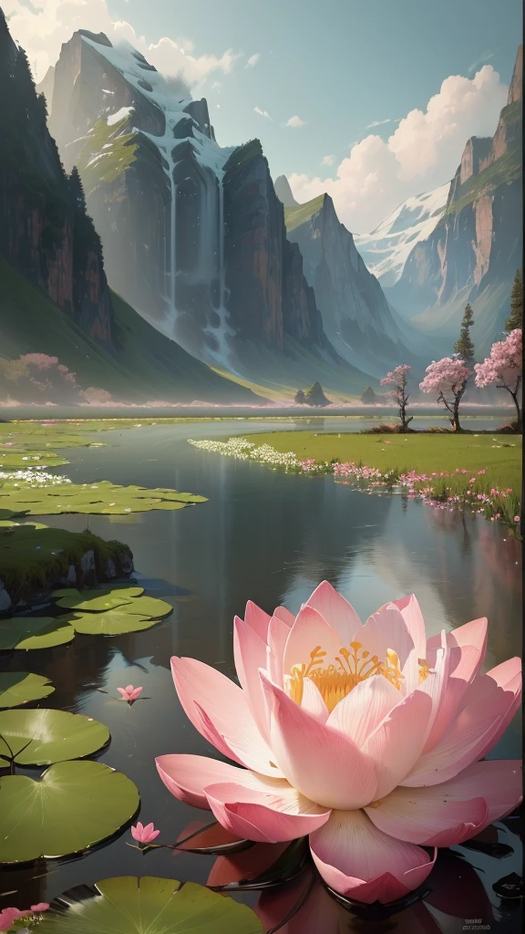 There is a pink flower in the water, Ross Chen. Landscape background, Beautiful digital painting, Beautiful art UHD 4K, 8k resolution digital painting, 8k resolution digital painting, Written byVictor Wang, Beautiful digital artwork, 4K Digital Painting, 4K Digital Painting, Gorgeous digital painting, 4k highly detailed digital art, Detailed 4k