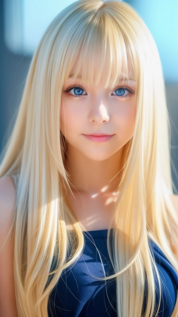 Sexy 17 year old girl with dazzling shiny super long blonde silky hair、Very beautiful bright light blue big eyes、very big eyes、Blonde color that changes depending on the lighting、cute sexy little beautiful face、Shining bright blonde dancing in front of a beautiful pretty face、long silky bangs that cover the eyes、beautiful cute eyes、blonde hiding her face、Super long straight silky blonde hair too、sexy cute young woman、hair above eyes、片hair above eyes、hair between eyes、