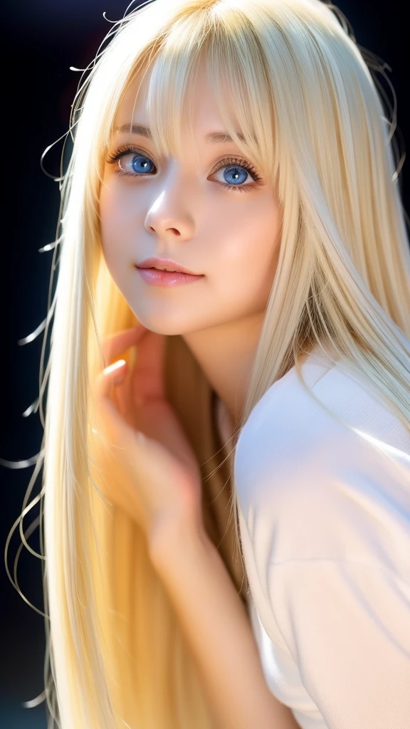 Sexy 17 year old girl with dazzling shiny super long blonde silky hair、Very beautiful bright light blue big eyes、very big eyes、Blonde color that changes depending on the lighting、cute sexy little beautiful face、Shining bright blonde dancing in front of a beautiful pretty face、long silky bangs that cover the eyes、beautiful cute eyes、blonde hiding her face、Super long straight silky blonde hair too、sexy cute young woman、hair above eyes、片hair above eyes、hair between eyes、