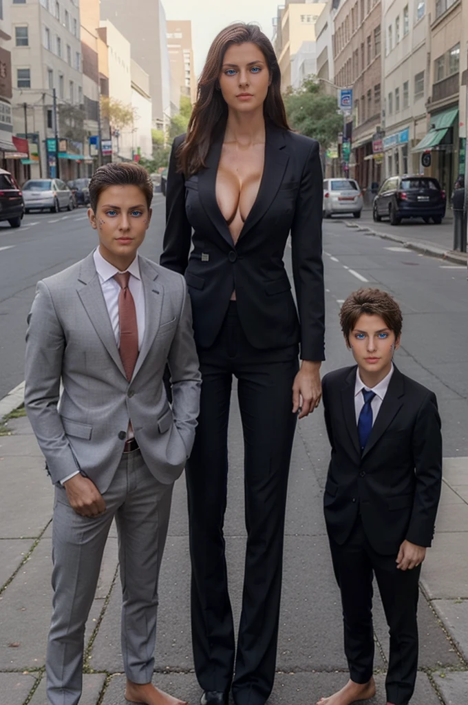 Tall wife in the middle, short husband in the left, short son in the right, beautiful faces, wife is wearing suit and pants, wife has big , wife is showing cleavage, wife is ripped, wife's suit has a belly button cutout, wife has ripped visible abs, make the girls even more taller than the boys, boys are very thin and weak, boys wearing suit and pants, wife is standing barefoot, boys are wearing office shoes