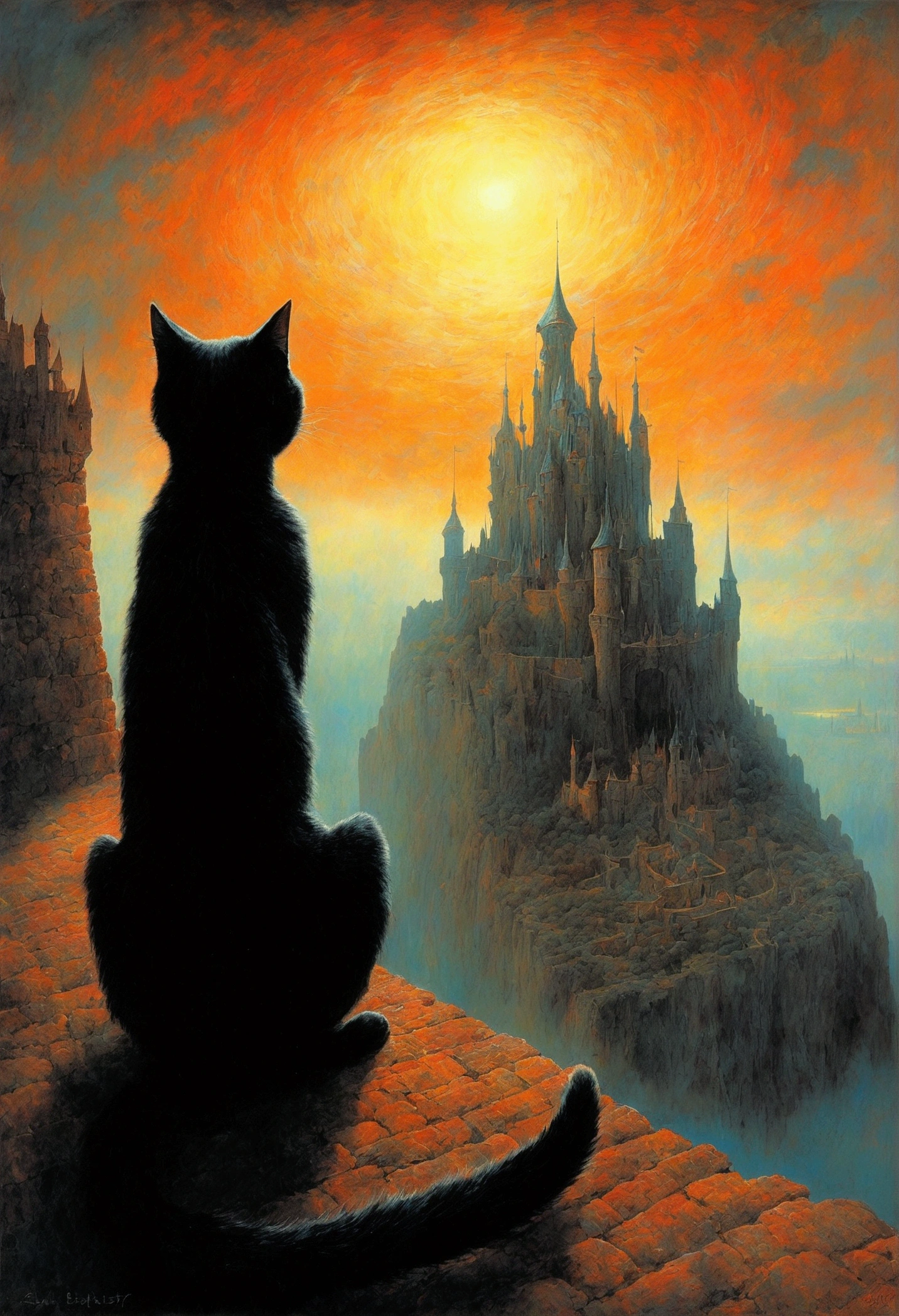 black cat, author：Zdzislaw Beksiński、Big Eye in the Sky、girl、Huge castle