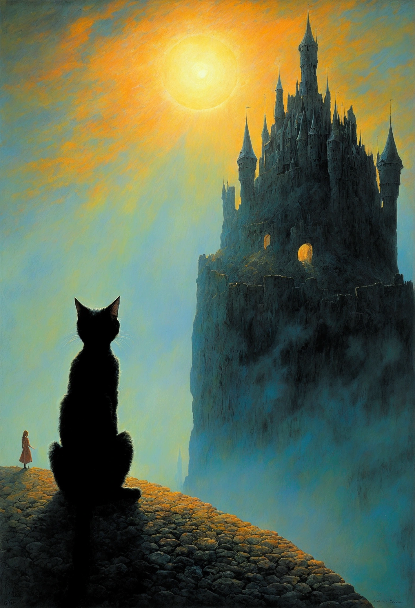black cat, author：Zdzislaw Beksiński、Big Eye in the Sky、girl、Huge castle