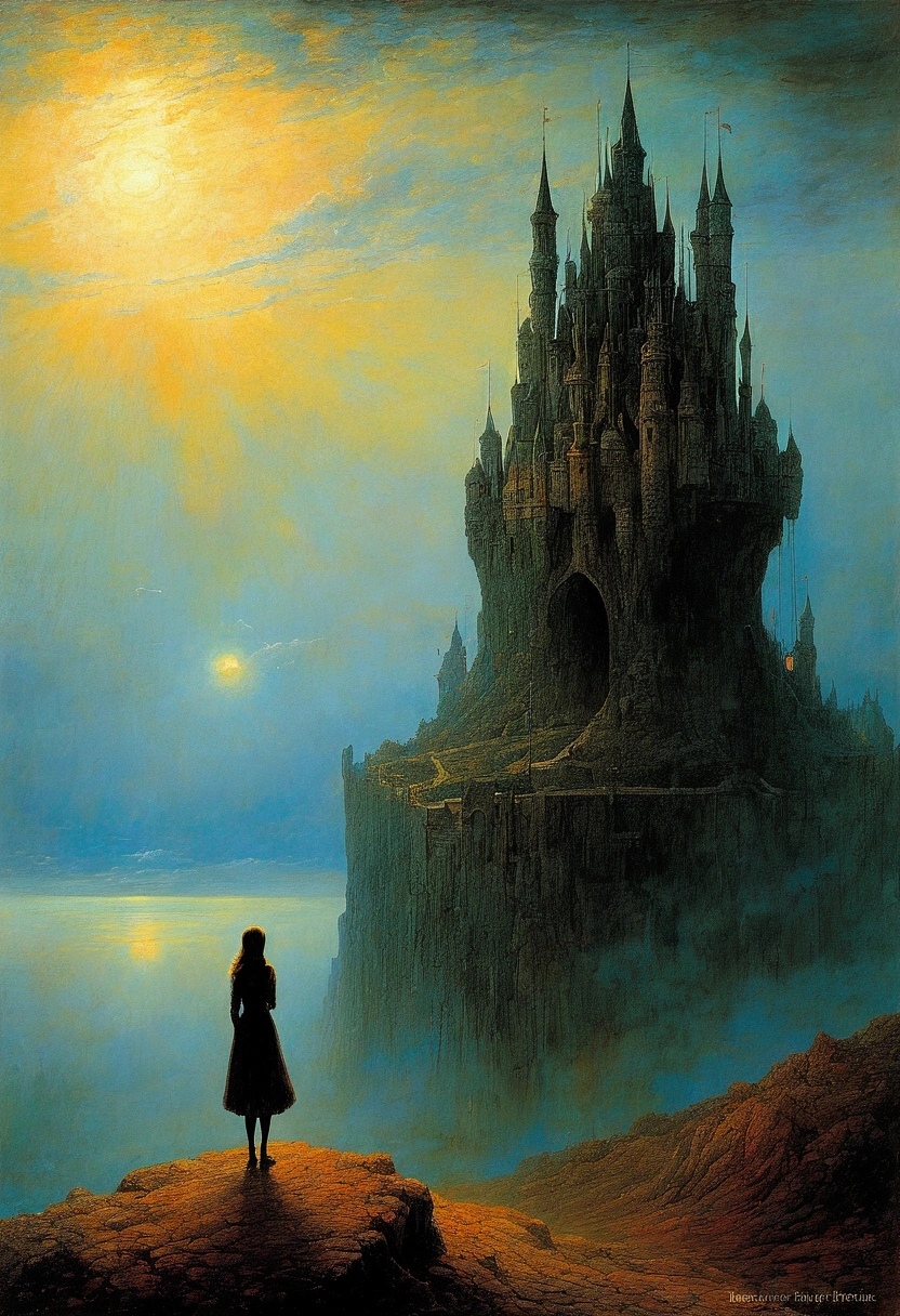 black cat, author:Zdzislaw Beksiński、Big Eye in the Sky、girl、Huge castle