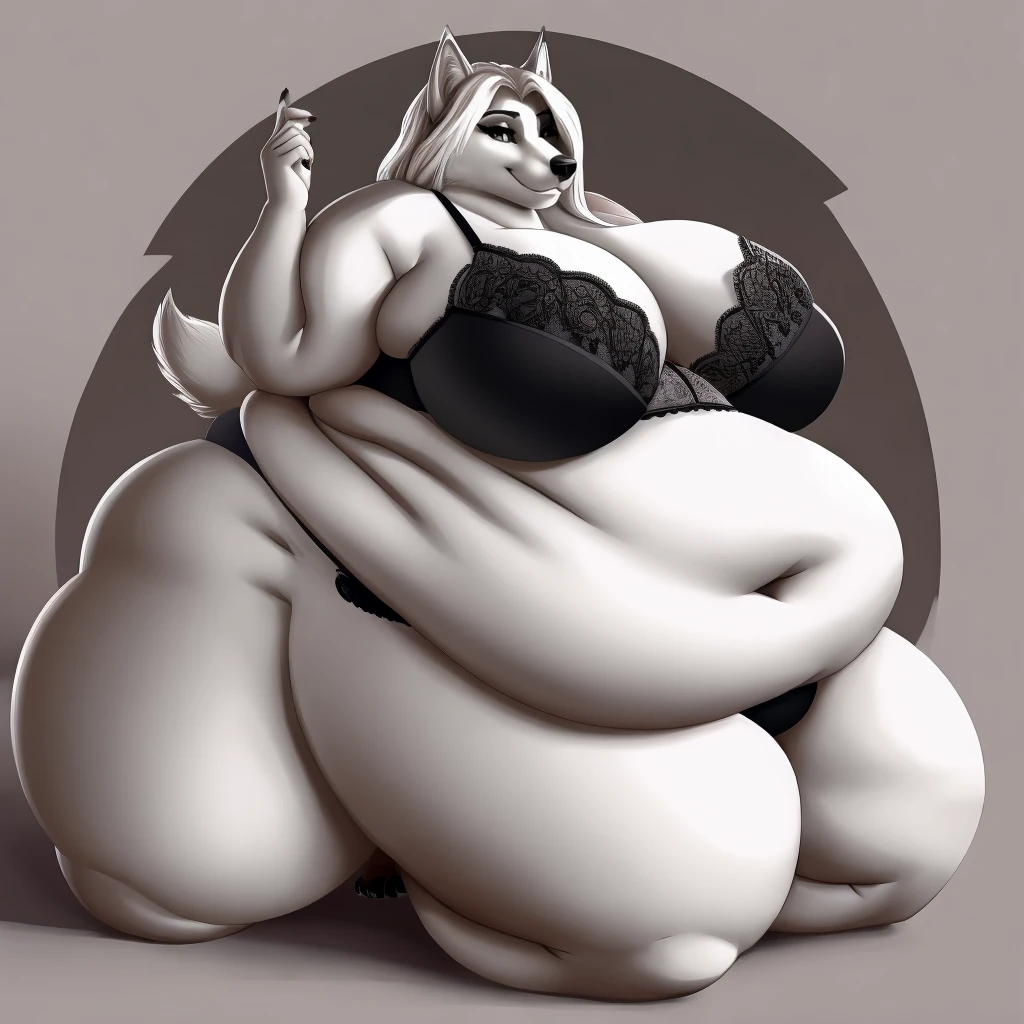  Husky, female, long messy white hair, gigantic breasts, huge hips, gigantic thighs, plump, voluptuous, gorgeous, beautiful, eyelashes, overweight, fat arms, fat legs, black and white fur , kneeling,bra, panties,  gigantic ass