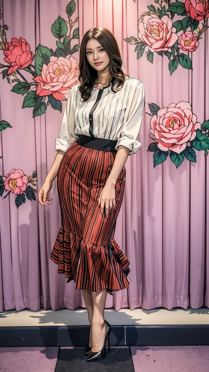 ((masterpiece)),(((Highest quality))),Thin thighs,Long legs,whole body:1.5，(One Girl:1.3),(Black high heels：1.3),(Wearing a floral striped mid-long flared skirt dress:1.2),Curly blonde hair:1.2、Model pose standing with legs apart:1.5，Bright expression:1.5