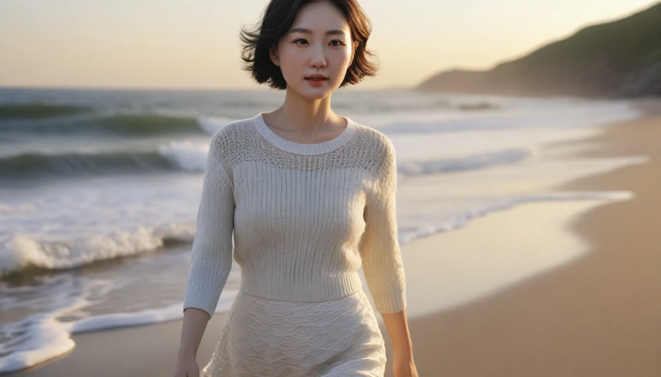 8k, realistic, lifelike photo, Realistic appearance of nature, beach at sunset, pale light, 36 year old Korean woman, short medium hair, woman walking along the beach. Close-up from afar with a wide-angle lens, knit top, white light skirt, waves crashing