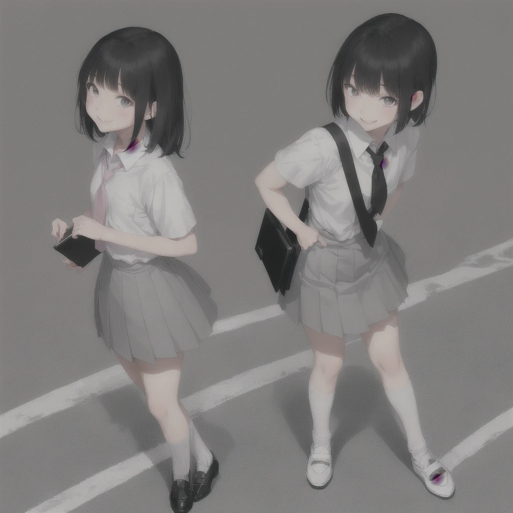 Asian teen, sharp face, small nose, pink small lips, grey asian eyes, grey short bangs, white school shirt, grey short skirt, short white socks, black fancy shoes, holding a black book, smiling expression