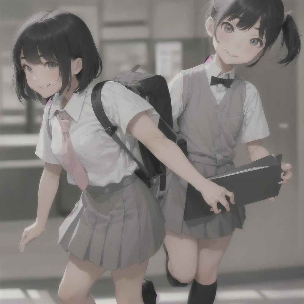 Asian teen, sharp face, small nose, pink small lips, grey asian eyes, grey short bangs, white school shirt, grey short skirt, short white socks, black fancy shoes, holding a black book, smiling expression
