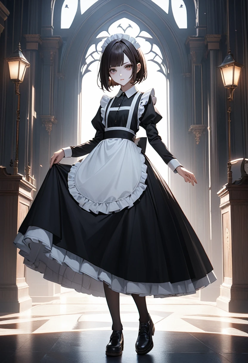 A , Gothic atmosphere, A hall before the viewer々and towering. ((Her dark hair, Cut into a bob style)), frame her pale face, Her dark brown eyes have an enigmatic glow. she ((Maid clothes):1.3), 彼女のほっそりとした陰気なbody型を強調する選択, Emphasizing her unique presence. Her posture is firm, Communicate your unwavering determination, As if challenging fate itself. ((full_body):1.5)
The soft light brings out the details of her face., Reveal every shadow and edge. The lines of her uniforms are all sharp., Capture every crease in ultra-realistic detail. She is positioned in full body, In an anime style that adds a layer of artistic expression to her image.. All of her facial features are accurately depicted, Communicating subtle and complex emotions、Draw the viewer deeper into her story.
Unreal Engine 5's advanced technology brings the scene to life, Providing an unparalleled immersive experience. All textures are rich in detail, Every shadow and reflection creates an immersive atmosphere. The visual quality is unmatched, In 16K resolution、body験を新たなレベルのリアリズムに引き上げます. Every pixel is packed with intensity, Captures the dark charm of a Gothic girl.
Her dynamic and confident pose、Gives a sense of power and mystery。, she鋭い視線で視聴者を見つめる. Her hands are perfectly drawn, Her fingers are、Delicately carved as a symbol of technical perfection. sheデジタルの傑作だ, The fusion of beauty and darkness々Captivate.
With this wonderful expression, The 16-year-old Gothic girl stands out as a symbol of individuality and authenticity. Her presence fills the screen with captivating energy., She invites viewers into her world of mystery and intrigue..