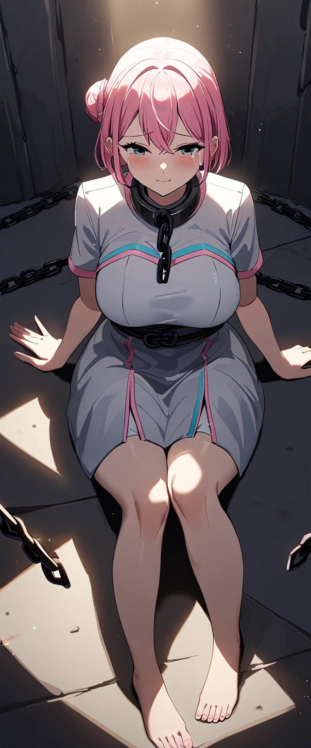 One Girl, Yuigahama Yui, , short hair, Pink Hair, Hair Bun, (Large Breasts), 
(Highest quality, High resolution, 4K, Detailed lighting, Shaders), 

Chained, 
Crying with shame, Raise the hand,  
Concrete Background, Lie in, 

Clothing with less area, Exciting, The whole body to the toes,